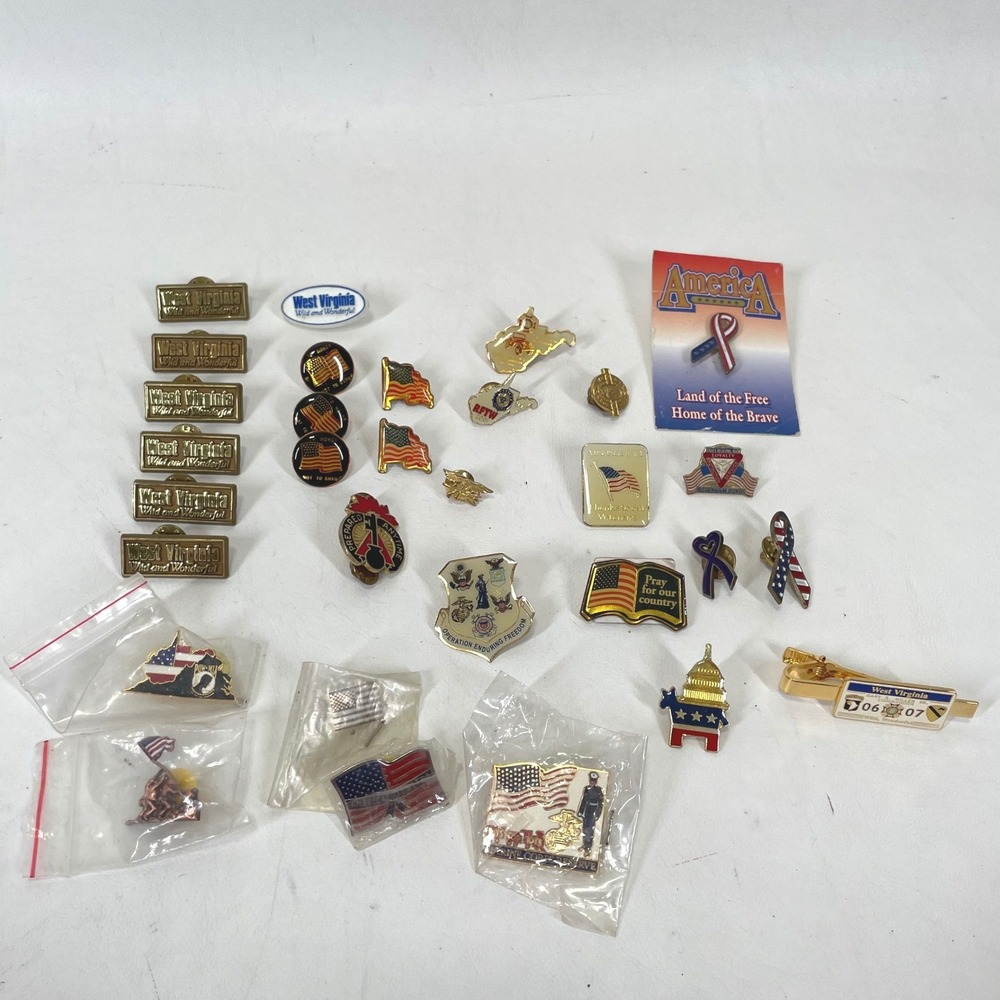 Lot of USA Veterans and West Virginia Patriotic Enamel Pins and Tie Bar